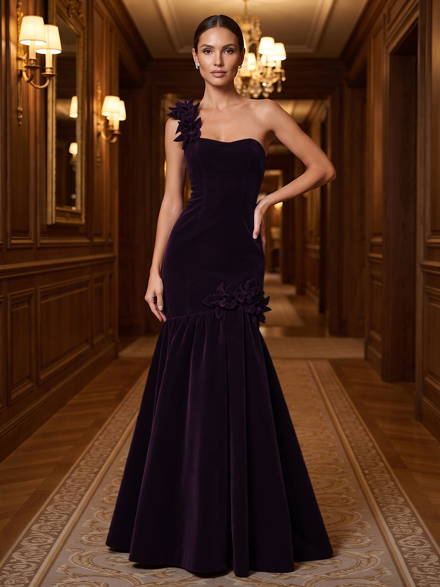 Mermaid/Trumpet One Shoulder Velvet Maxi Evening Dresses with 3D Flowers & Pleats