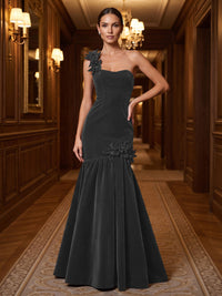 Mermaid/Trumpet One Shoulder Velvet Maxi Evening Dresses with 3D Flowers & Pleats