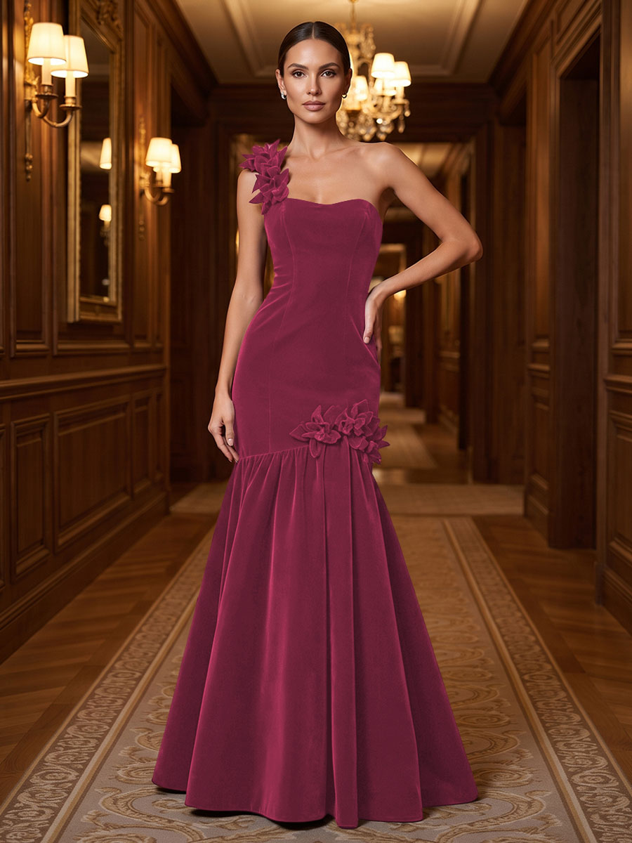 Mermaid/Trumpet One Shoulder Velvet Maxi Evening Dresses with 3D Flowers & Pleats