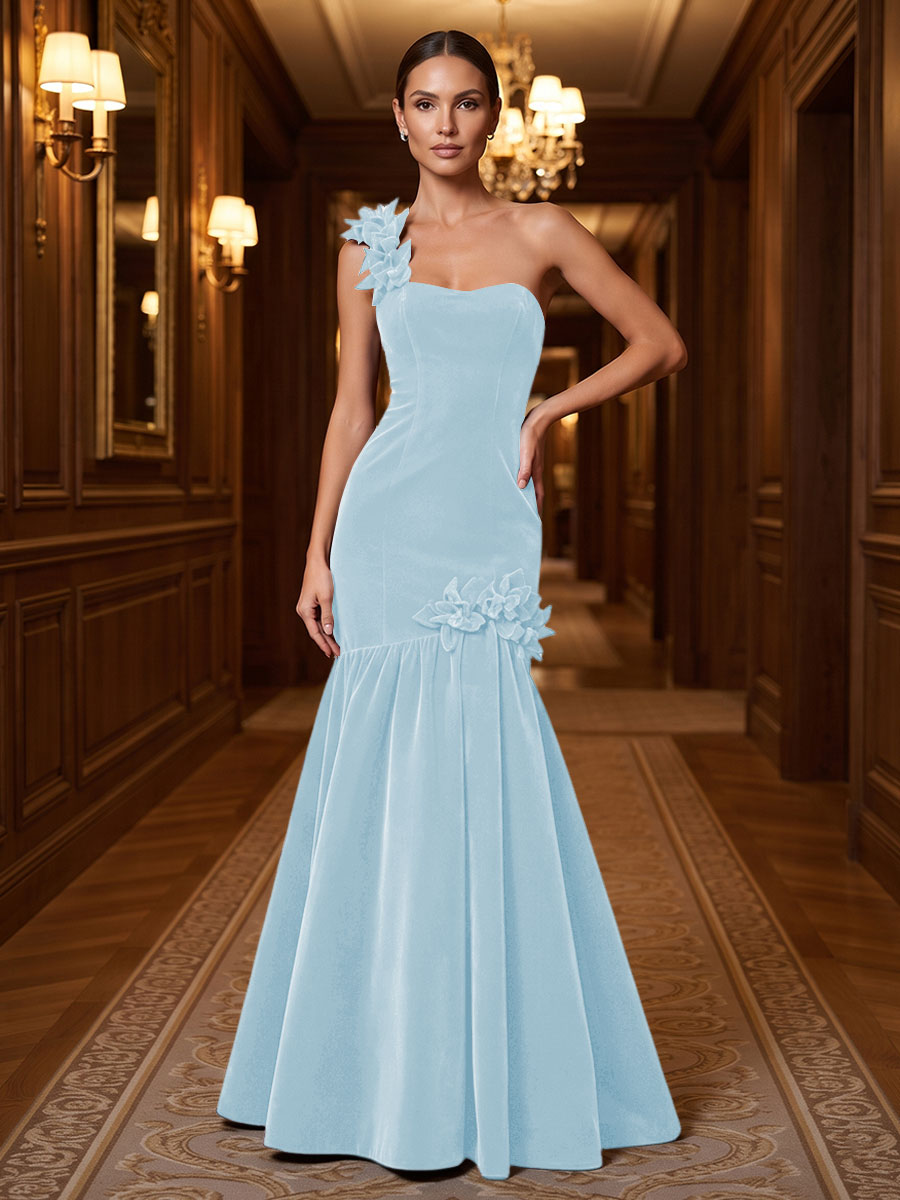 Mermaid/Trumpet One Shoulder Velvet Maxi Evening Dresses with 3D Flowers & Pleats