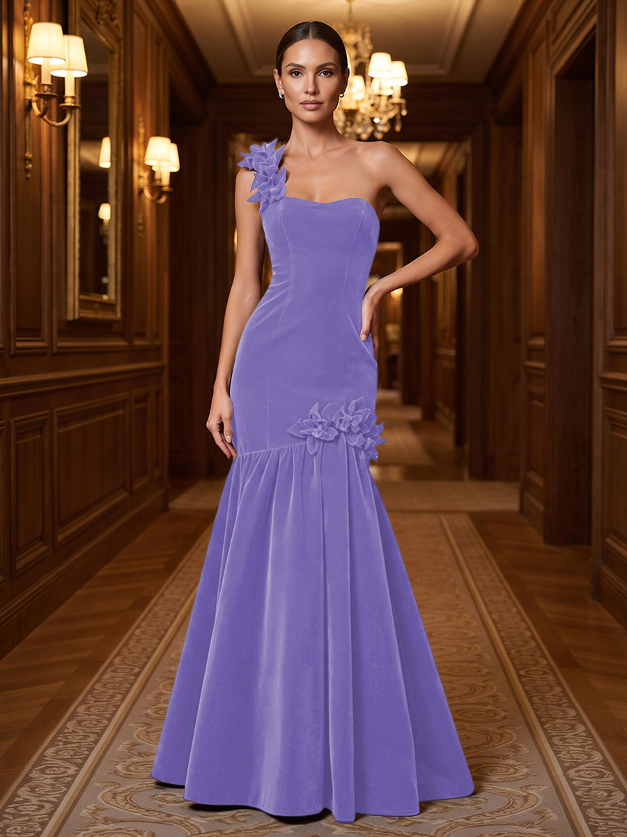 Mermaid/Trumpet One Shoulder Velvet Maxi Evening Dresses with 3D Flowers & Pleats