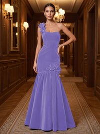 Mermaid/Trumpet One Shoulder Velvet Maxi Evening Dresses with 3D Flowers & Pleats