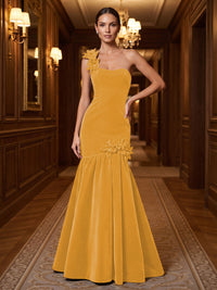 Mermaid/Trumpet One Shoulder Velvet Maxi Evening Dresses with 3D Flowers & Pleats