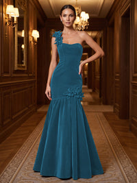 Mermaid/Trumpet One Shoulder Velvet Maxi Evening Dresses with 3D Flowers & Pleats