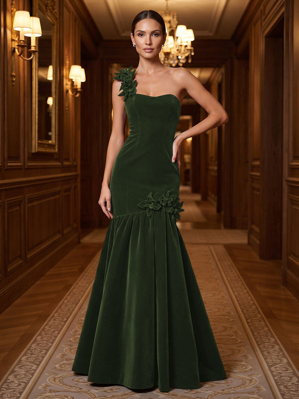 Mermaid/Trumpet One Shoulder Velvet Maxi Evening Dresses with 3D Flowers & Pleats