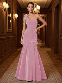 Mermaid/Trumpet One Shoulder Velvet Maxi Evening Dresses with 3D Flowers & Pleats