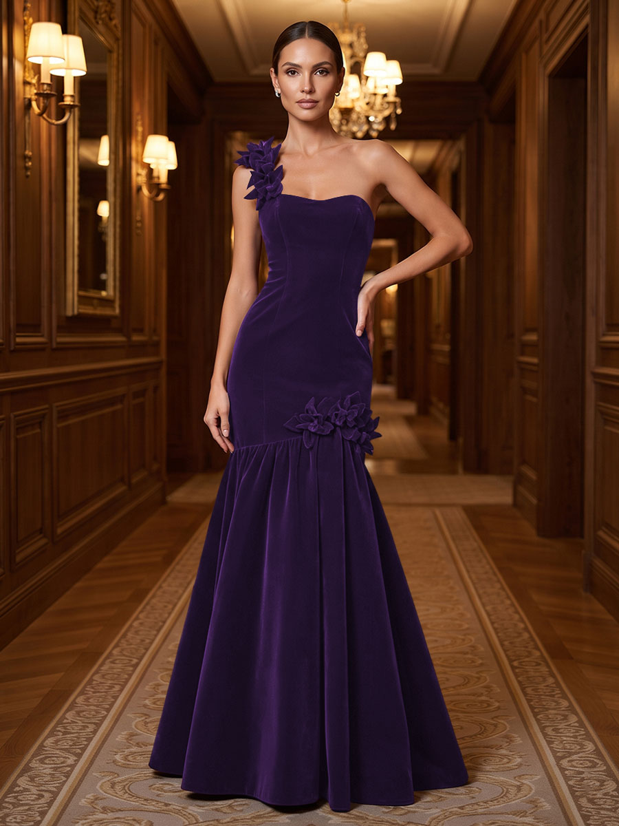 Mermaid/Trumpet One Shoulder Velvet Maxi Evening Dresses with 3D Flowers & Pleats