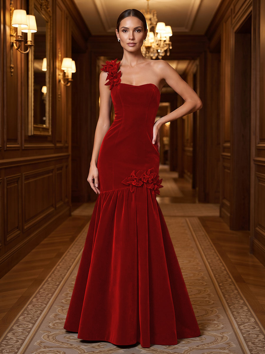Mermaid/Trumpet One Shoulder Velvet Maxi Evening Dresses with 3D Flowers & Pleats
