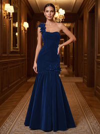 Mermaid/Trumpet One Shoulder Velvet Maxi Evening Dresses with 3D Flowers & Pleats