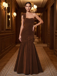 Mermaid/Trumpet One Shoulder Velvet Maxi Evening Dresses with 3D Flowers & Pleats