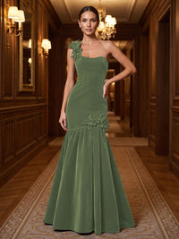Mermaid/Trumpet One Shoulder Velvet Maxi Evening Dresses with 3D Flowers & Pleats