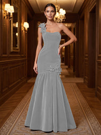 Mermaid/Trumpet One Shoulder Velvet Maxi Evening Dresses with 3D Flowers & Pleats