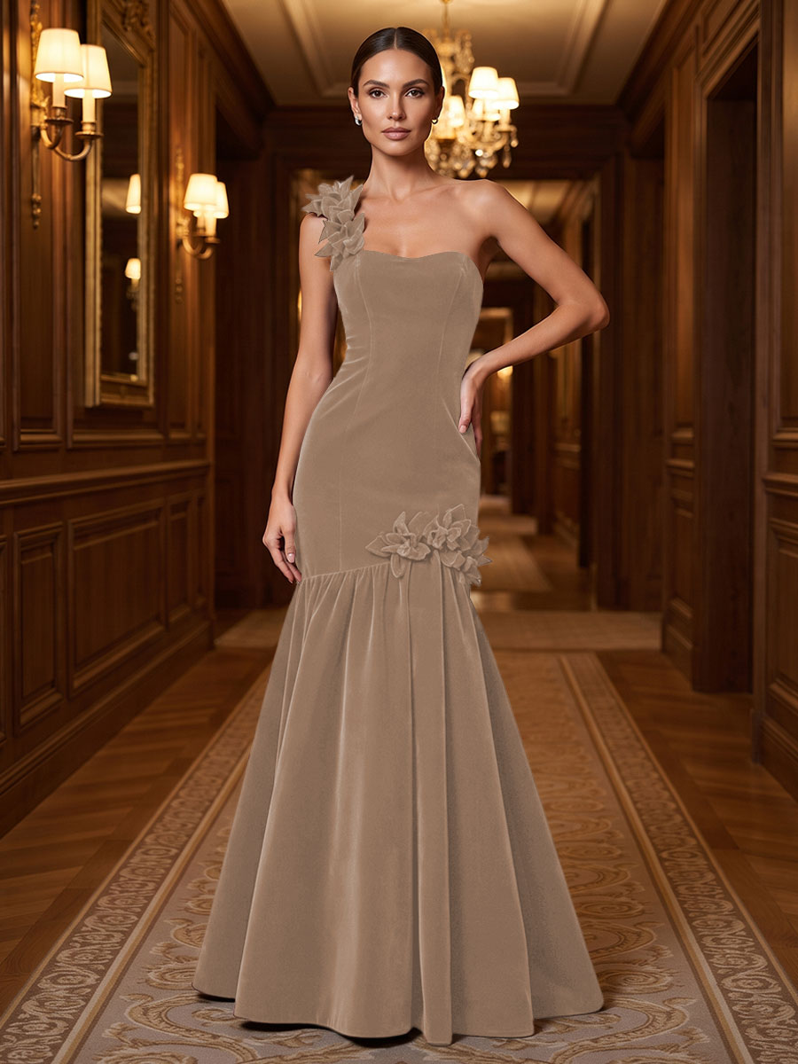Mermaid/Trumpet One Shoulder Velvet Maxi Evening Dresses with 3D Flowers & Pleats