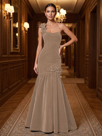 Mermaid/Trumpet One Shoulder Velvet Maxi Evening Dresses with 3D Flowers & Pleats