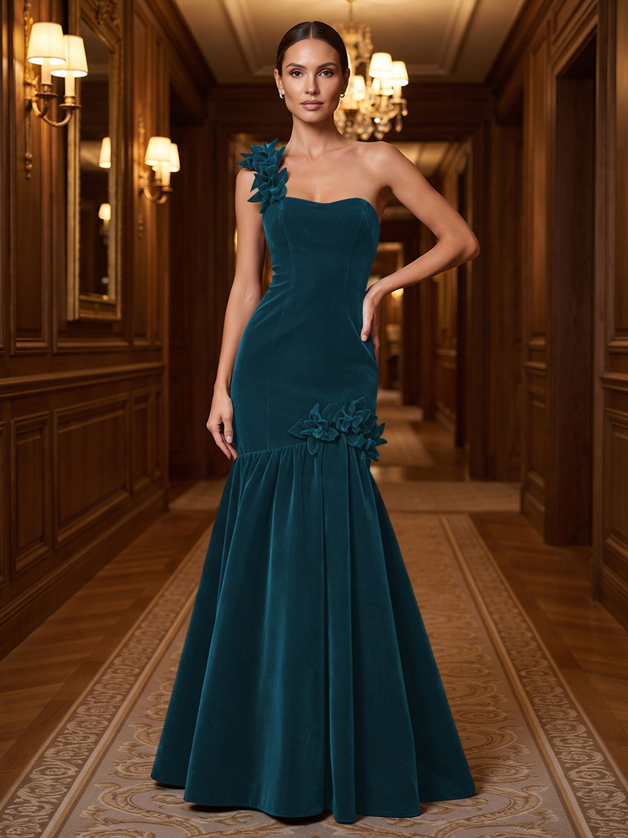 Mermaid/Trumpet One Shoulder Velvet Maxi Evening Dresses with 3D Flowers & Pleats