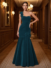 Mermaid/Trumpet One Shoulder Velvet Maxi Evening Dresses with 3D Flowers & Pleats