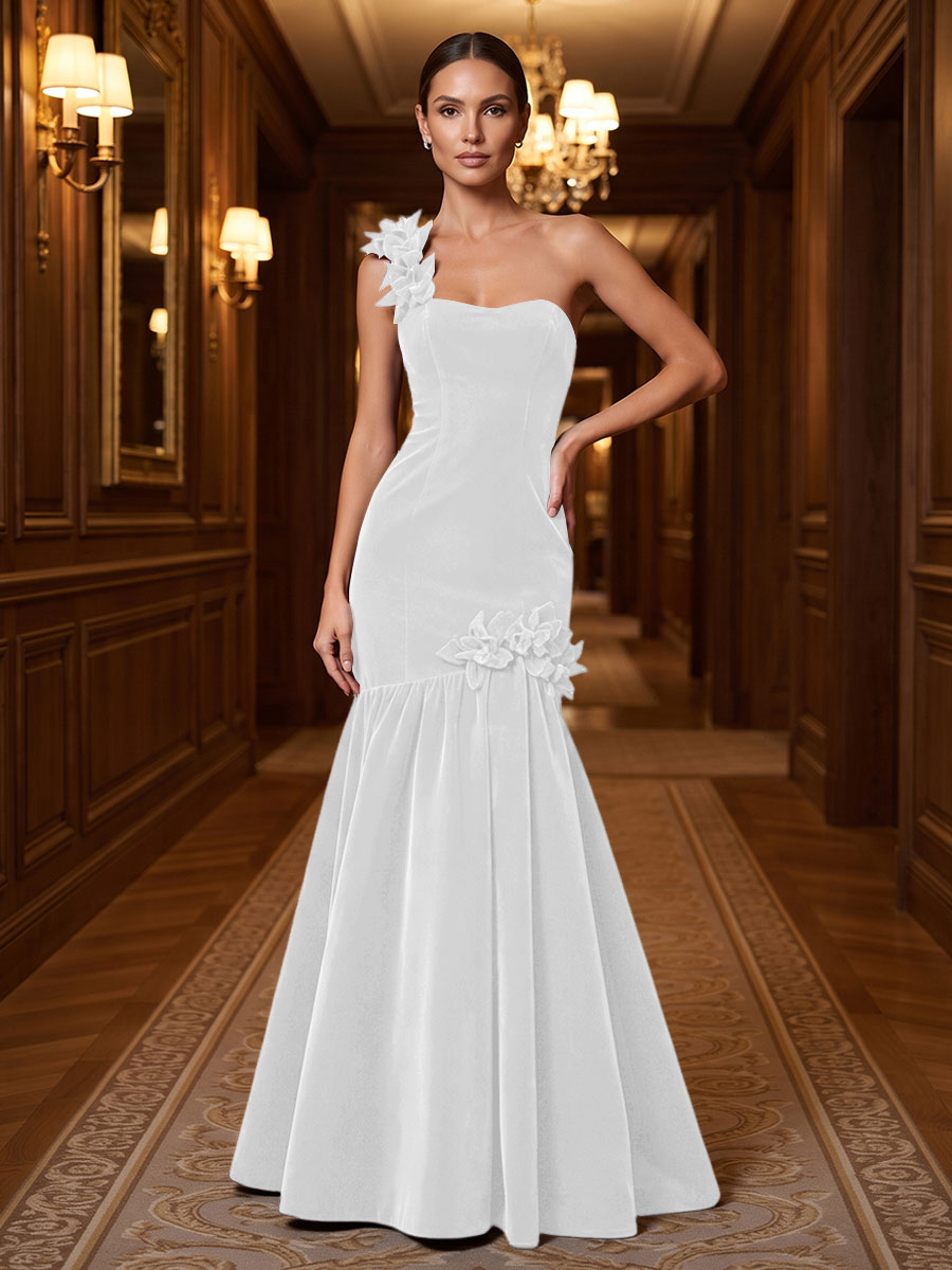 Mermaid/Trumpet One Shoulder Velvet Maxi Evening Dresses with 3D Flowers & Pleats