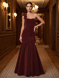 Mermaid/Trumpet One Shoulder Velvet Maxi Evening Dresses with 3D Flowers & Pleats