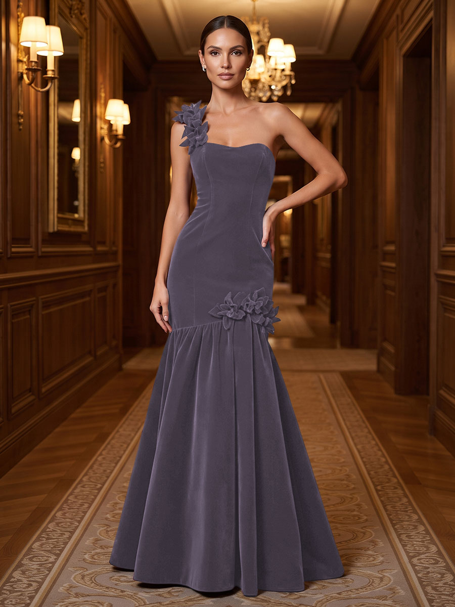 Mermaid/Trumpet One Shoulder Velvet Maxi Evening Dresses with 3D Flowers & Pleats