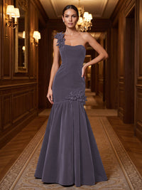 Mermaid/Trumpet One Shoulder Velvet Maxi Evening Dresses with 3D Flowers & Pleats
