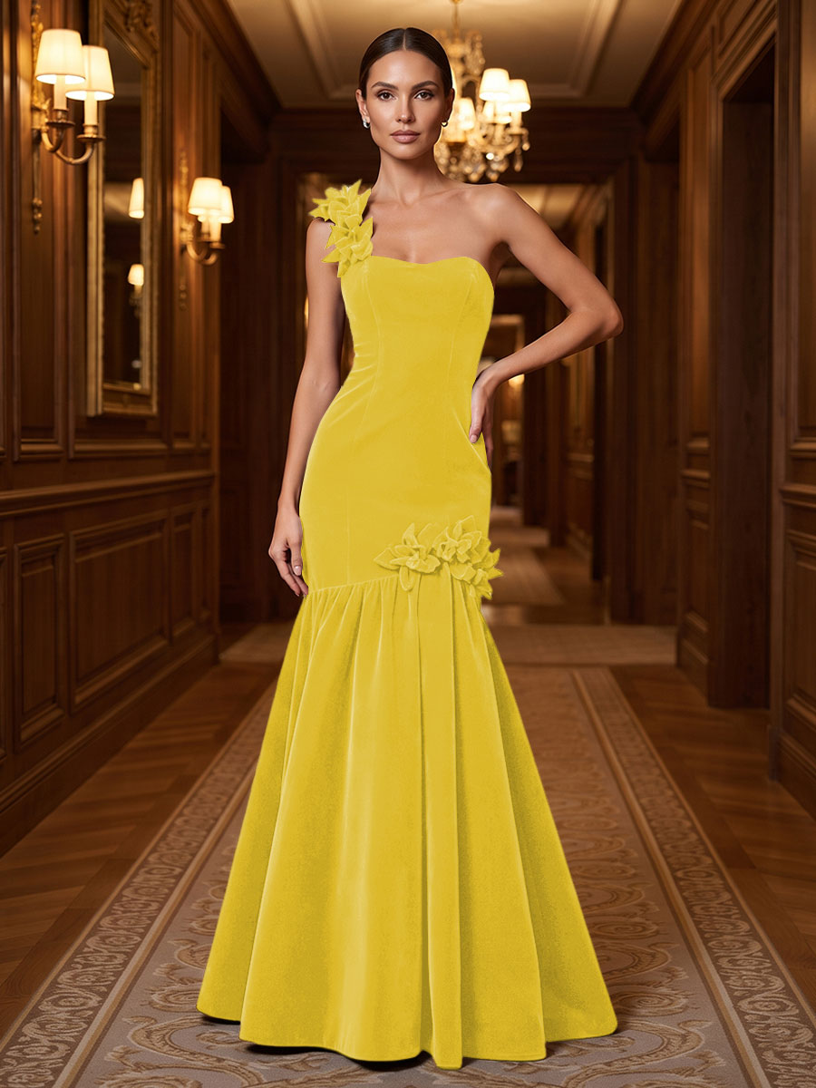 Mermaid/Trumpet One Shoulder Velvet Maxi Evening Dresses with 3D Flowers & Pleats