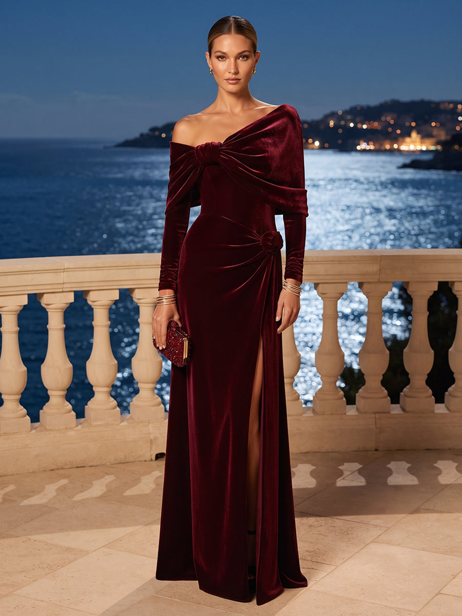 A-Line/Princess Off Shoulder Velvet Maxi Evening Dresses with Ruched Waist & Slit
