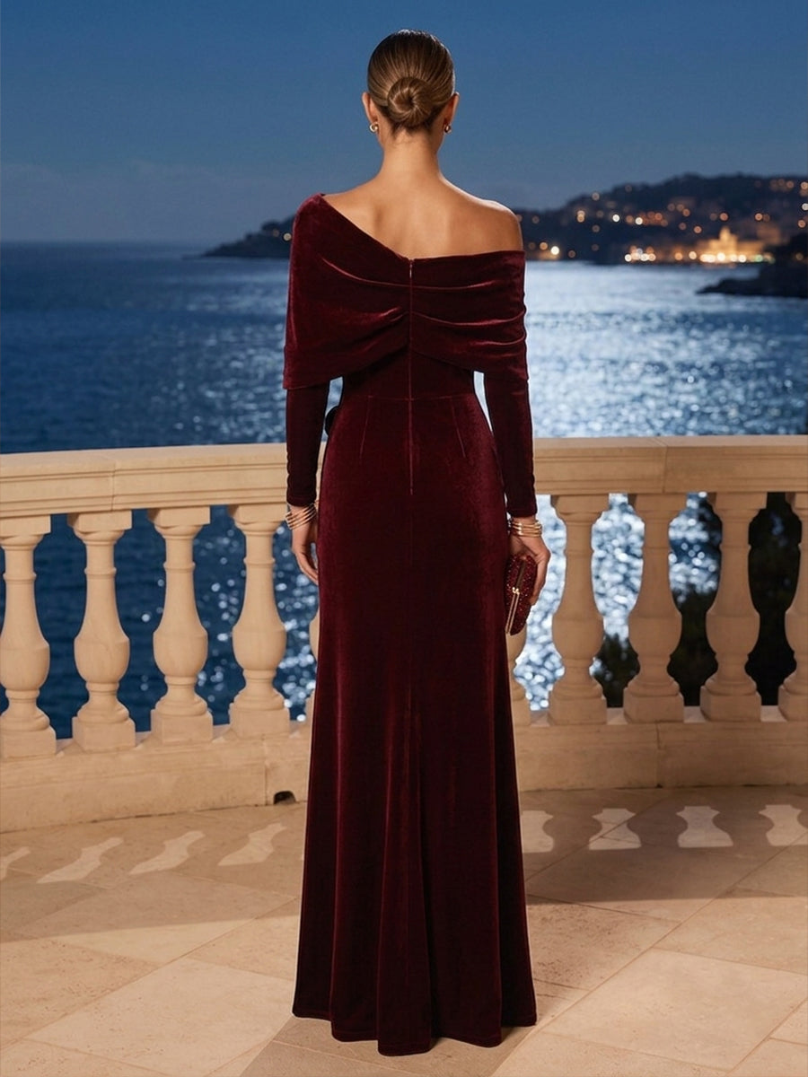 A-Line/Princess Off Shoulder Velvet Maxi Evening Dresses with Ruched Waist & Slit