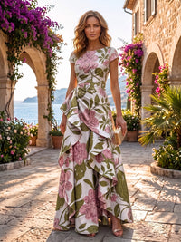 A-Line/Princess Scoop Neck Jacquard Maxi Evening Dresses with Ruffles & Ruched Waist