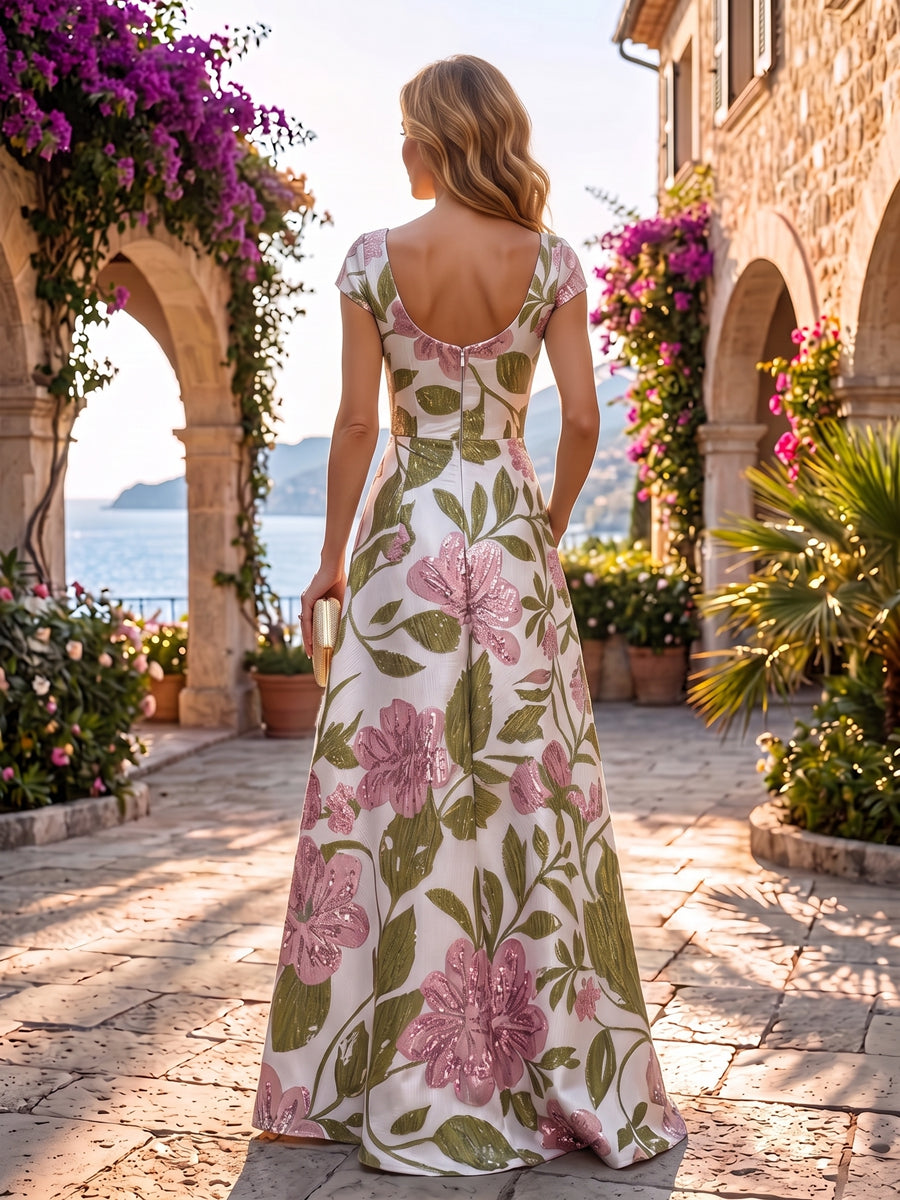 A-Line/Princess Scoop Neck Jacquard Maxi Evening Dresses with Ruffles & Ruched Waist