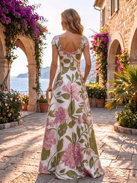 A-Line/Princess Scoop Neck Jacquard Maxi Evening Dresses with Ruffles & Ruched Waist