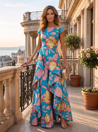 A-Line/Princess Scoop Neck Jacquard Maxi Evening Dresses with Ruffles & Ruched Waist