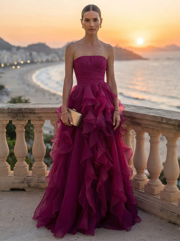 A-Line/Princess Strapless Organza Maxi Evening Dresses with Tiered Layers & Ruffles
