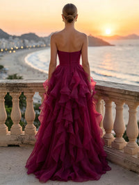 A-Line/Princess Strapless Organza Maxi Evening Dresses with Tiered Layers & Ruffles