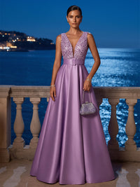 A-Line/Princess V-Neck Satin Maxi Evening Dresses with Sequin, Pleats & Belt
