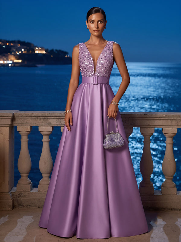 A-Line/Princess V-Neck Satin Maxi Evening Dresses with Sequin, Pleats & Belt