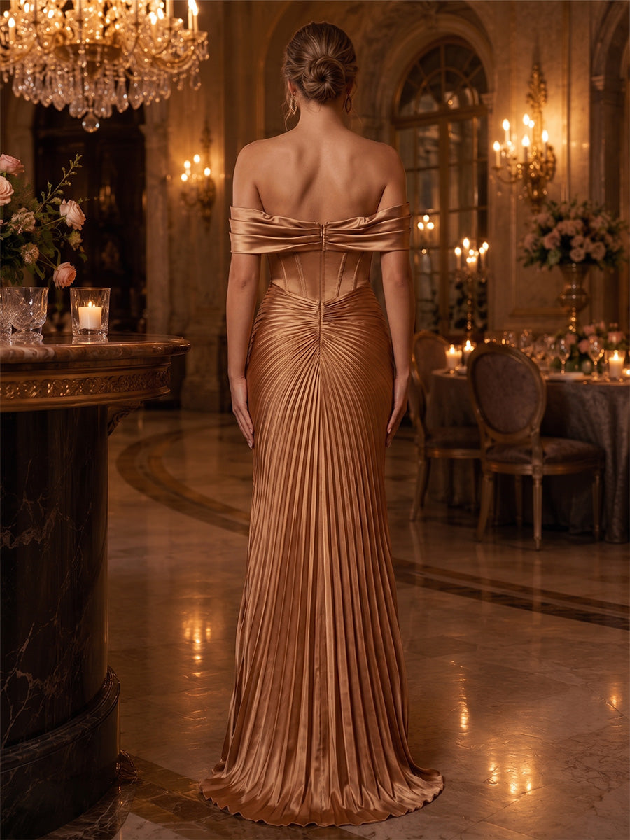 Sheath/Column Off Shoulder Satin Maxi Evening Dresses with Corset Bodice & Pleats