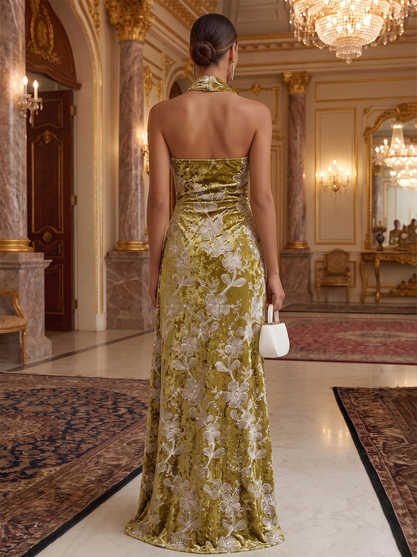 Sheath/Column Halter Velvet Maxi Evening Dresses with Ruched Waist