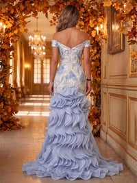 Mermaid/Trumpet Off Shoulder Jacquard Maxi Evening Dresses with Tiered Layers & Ruffles