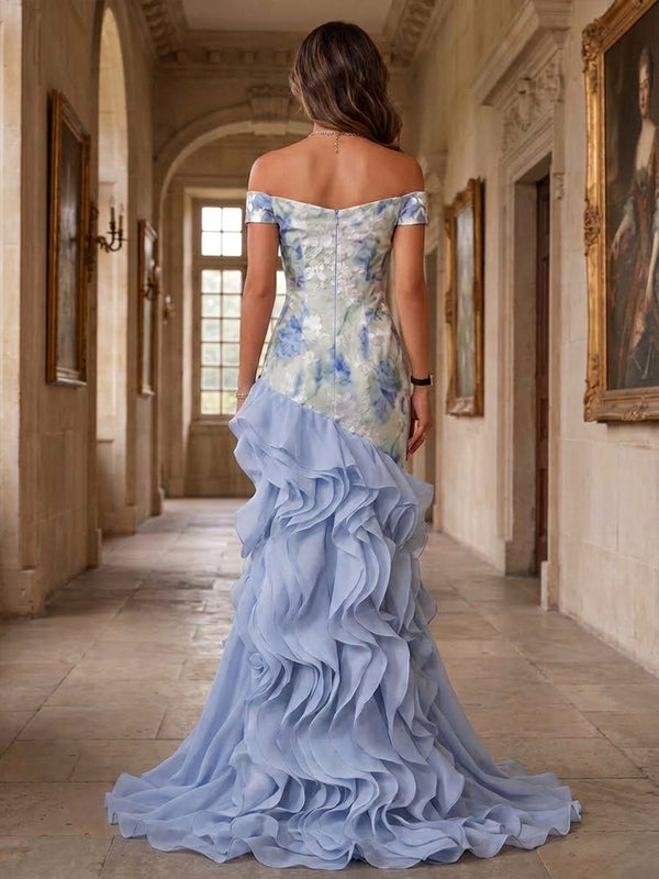 Mermaid/Trumpet Off Shoulder Jacquard Maxi Evening Dresses with Tiered Layers & Ruffles