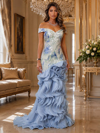 Mermaid/Trumpet Off Shoulder Jacquard Maxi Evening Dresses with Tiered Layers & Ruffles