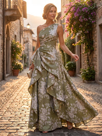 A-Line/Princess One Shoulder Jacquard Floor-Length Evening Dresses with Ruffles & Ruched Waist
