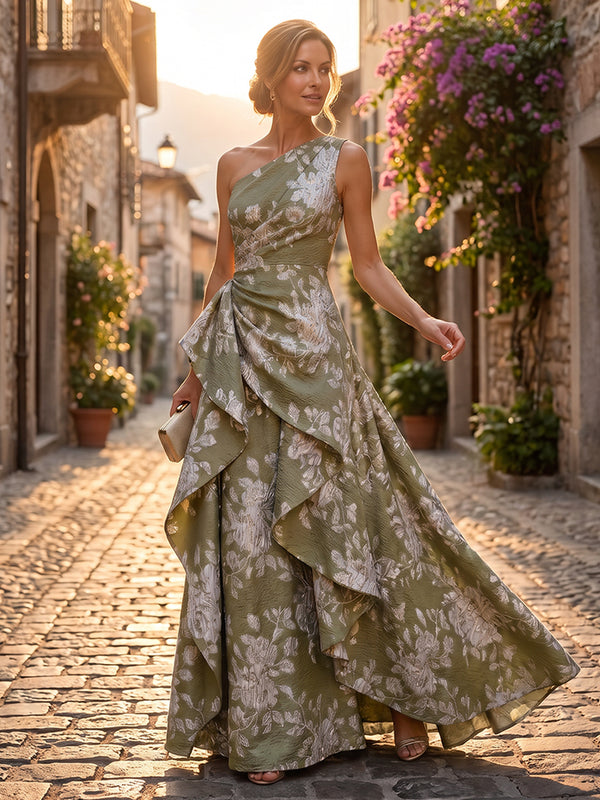 A-Line/Princess One Shoulder Jacquard Floor-Length Evening Dresses with Ruffles & Ruched Waist