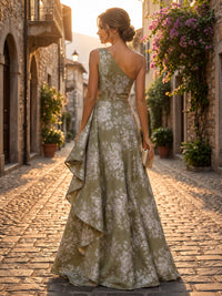 A-Line/Princess One Shoulder Jacquard Floor-Length Evening Dresses with Ruffles & Ruched Waist