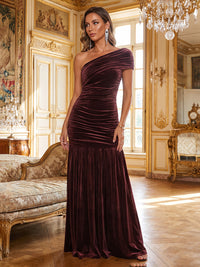 Mermaid/Trumpet One Shoulder Velvet Maxi Evening Dresses with Pleats & Ruched Bodice