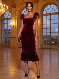 Mermaid/Trumpet Square Neck Velvet Tea-Length Evening Dresses with Feather Trim & Pleats