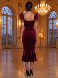 Mermaid/Trumpet Square Neck Velvet Tea-Length Evening Dresses with Feather Trim & Pleats