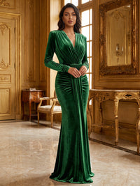 Mermaid/Trumpet V-Neck Velvet Maxi Evening Dresses with Ruched Waist