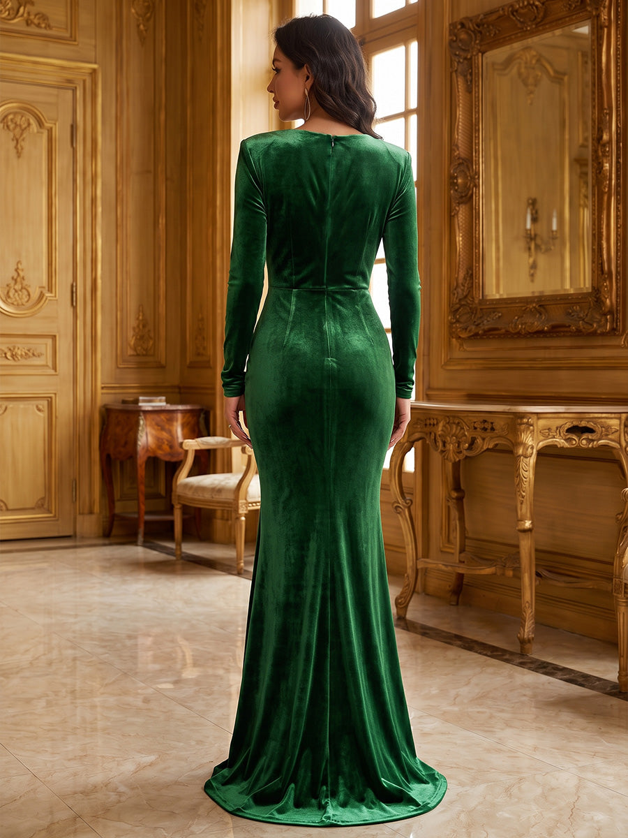 Mermaid/Trumpet V-Neck Velvet Maxi Evening Dresses with Ruched Waist