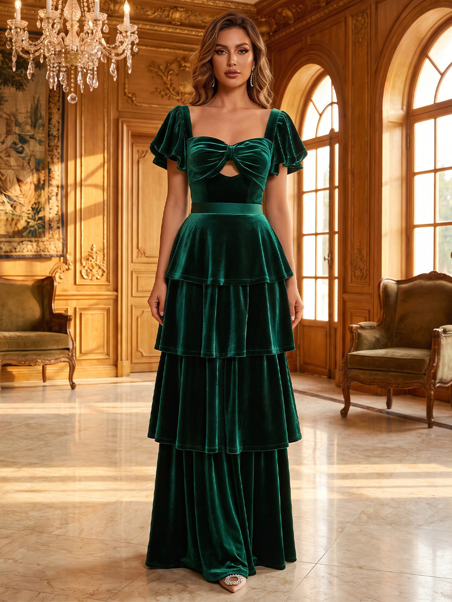 A-Line/Princess Sweetheart Velvet Maxi Evening Dresses with Tiered Layers & Ruffles