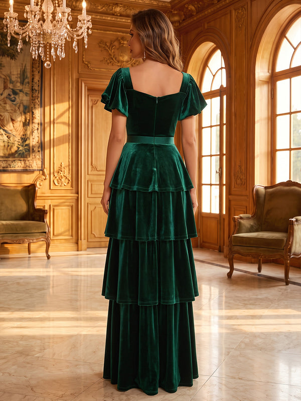 A-Line/Princess Sweetheart Velvet Maxi Evening Dresses with Tiered Layers & Ruffles